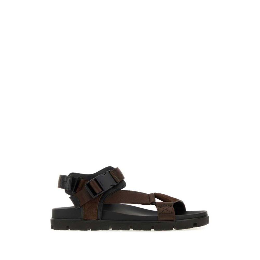 Prada Men Dark Brown Fabric And Suede Sandals